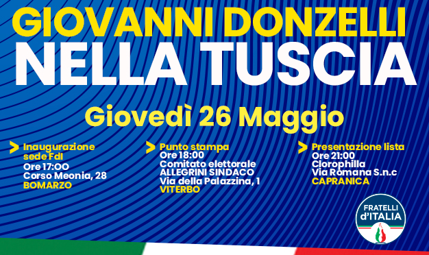  Intensa campagna elettorale per Fratelli d’Italia: domani nella Tuscia arriva il deputato Giovanni Donzelli